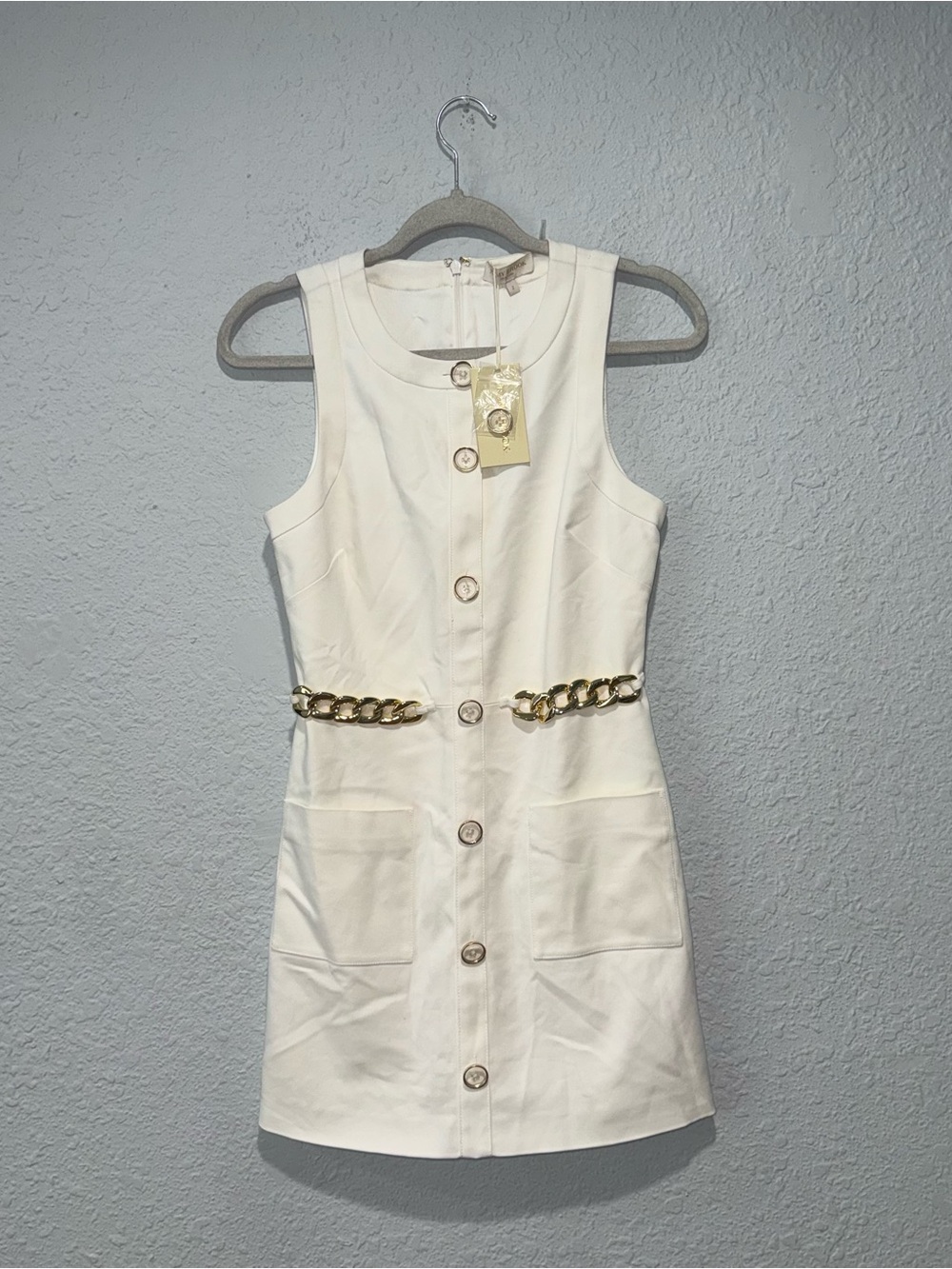 NWT Ramy Brook Eliza Dress Ivory White Gold Chain Belt Button Front Mini 2 - Picture 3 of 7